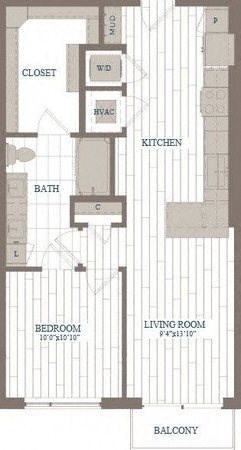 Floor plan for 1 bed, 1 bath, 750 sqft